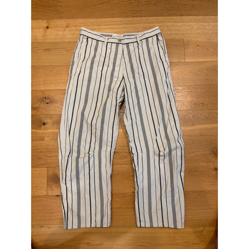Nili Lotan Shon Striped Curved Leg Utility Pants Blue White Size 8 Made in USA